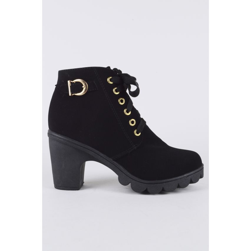 Lovemystyle Faux Suede Black Heeled Boots With Gold Hardware