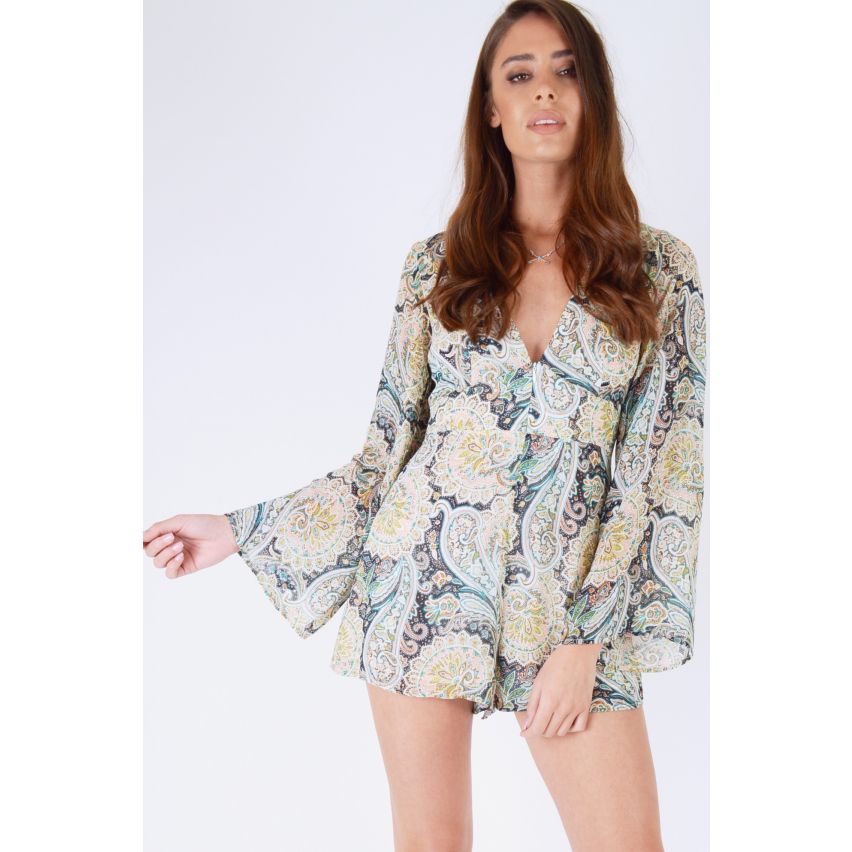 WYLDR Paisley Printed V-Neck Playsuit With Long Sleeves