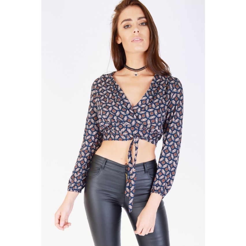 WYLDR Navy stampato Top corto manica lunga Wrap