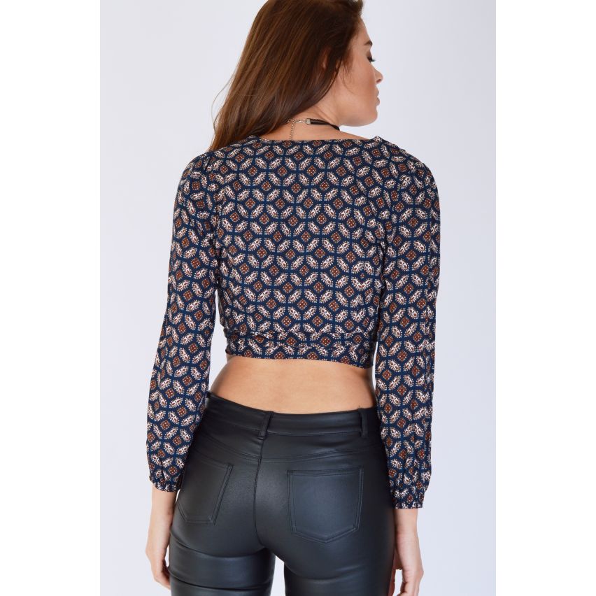 WYLDR Marine gedruckt Langarm Wrap bauchfreies Top