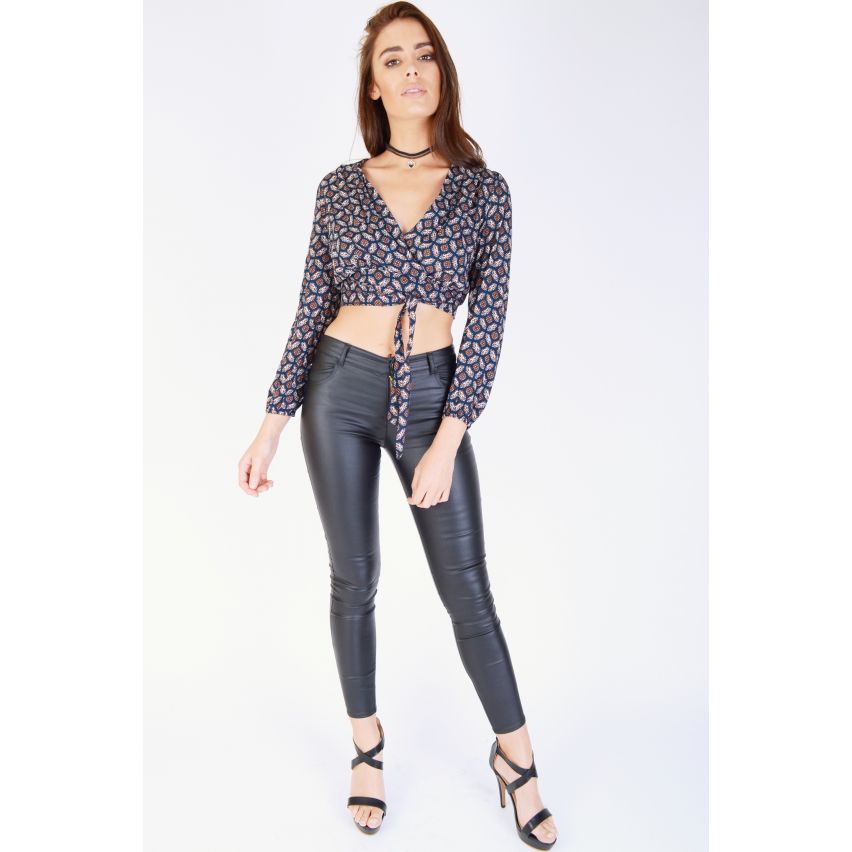 WYLDR Marine gedruckt Langarm Wrap bauchfreies Top