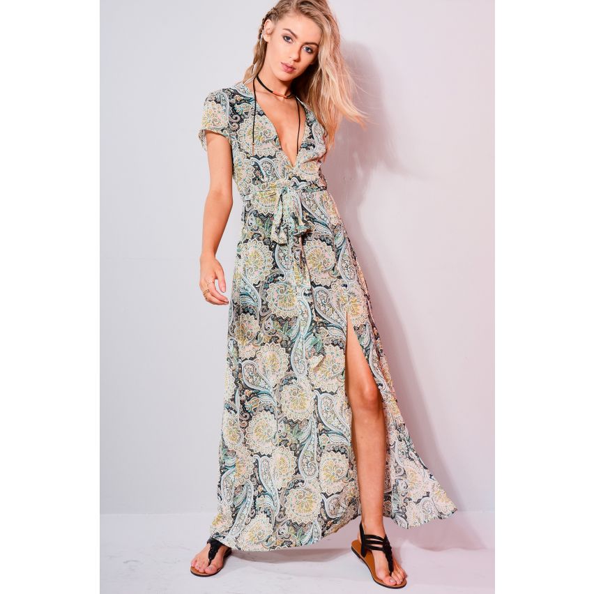 WYLDR Paisley gedruckt V Neck-Maxi-Kleid mit vorderen Split