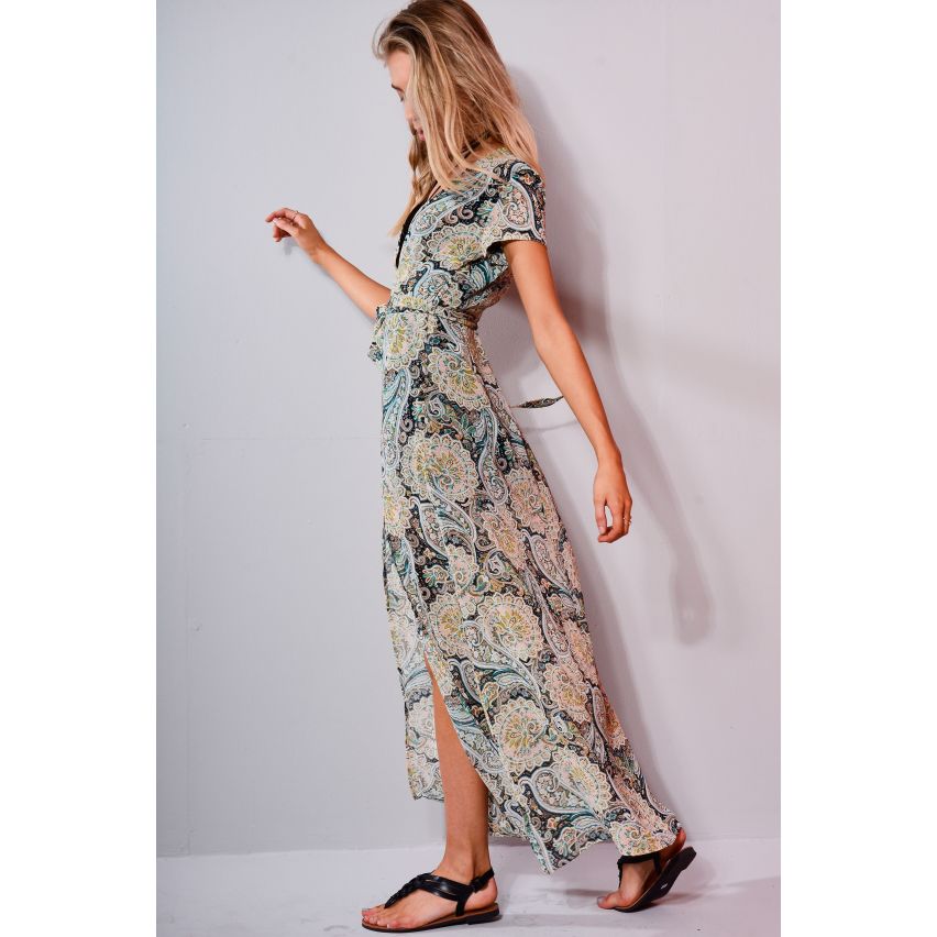 WYLDR Paisley imprimé V Neck robe Maxi avec Split Front