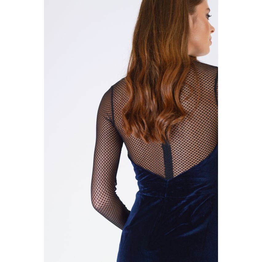 WYLDR Navy Blue Velvet Playsuit mit Mesh-Detail