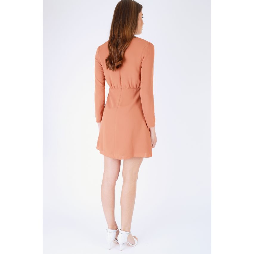 WYLDR Burnt Orange A-Line Dress With V-Neck Tie Front