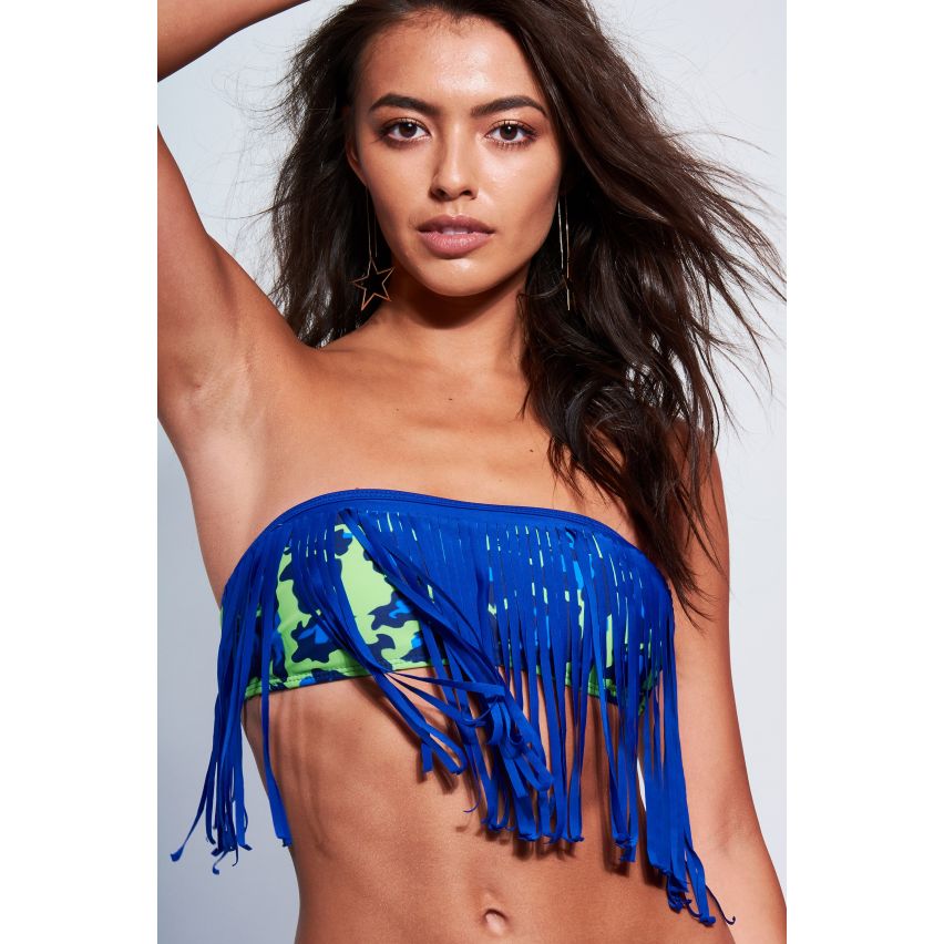 LMS trägerlosen Leopard Print Bikini mit blauen Fransen-Details