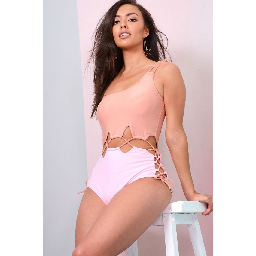 Lovemystyle One Shoulder Lace Up Swimsuit In Nude And Pink