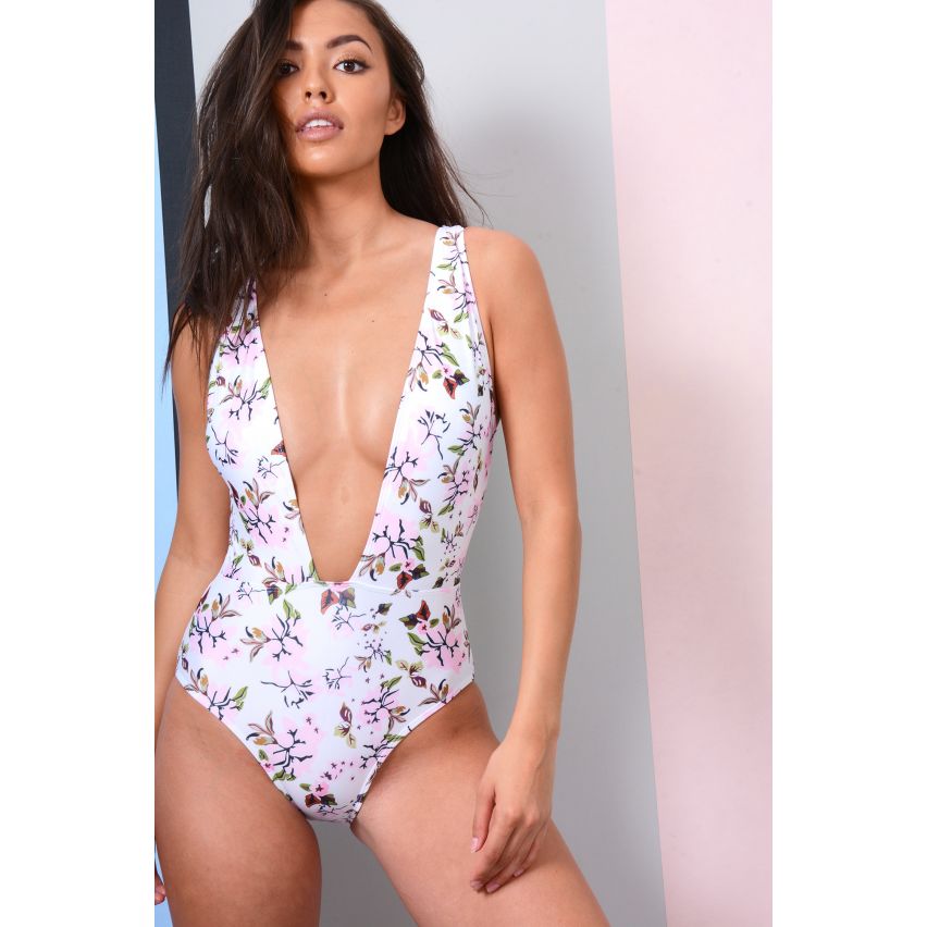 Lovemystyle blanc plongée décolleté maillot de bain avec imprimé Floral