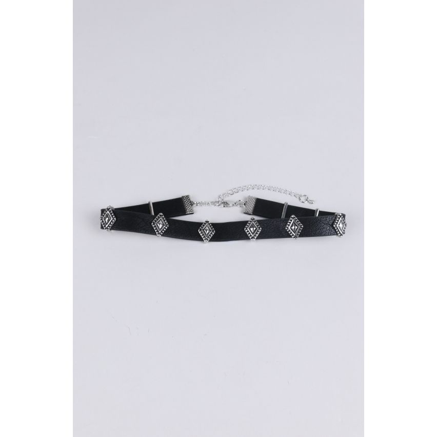 Lovemystyle Black Leather Choker With Pewter Diamonds