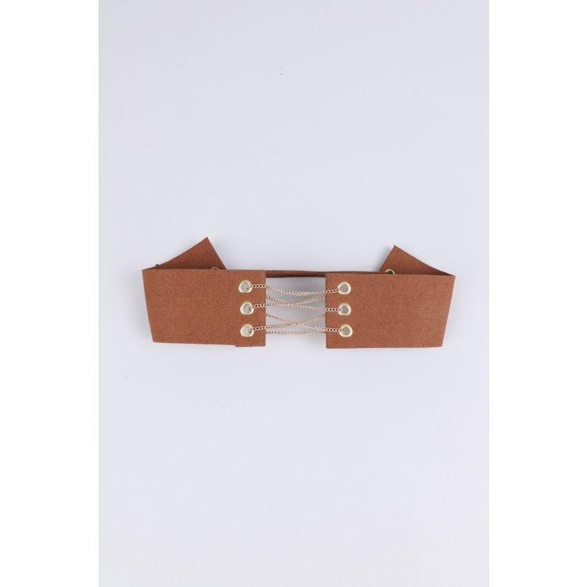 Lovemystyle Tan Suede Choker avec dentelle dorée en détail