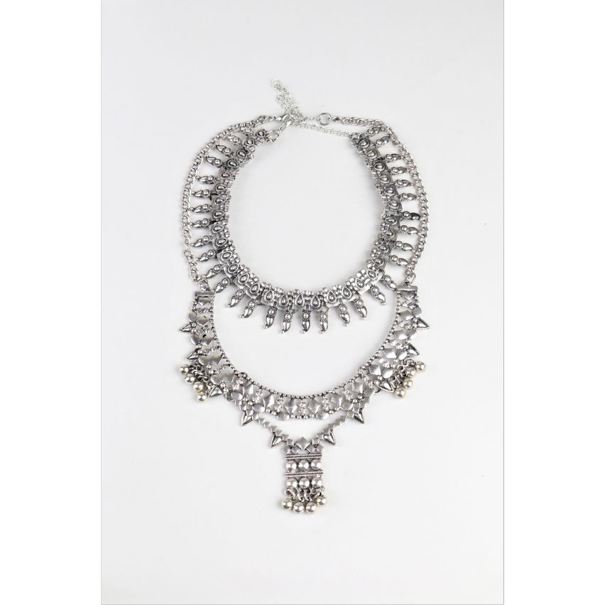 Lovemystyle Statement Silver Layered Tribal Design Necklace