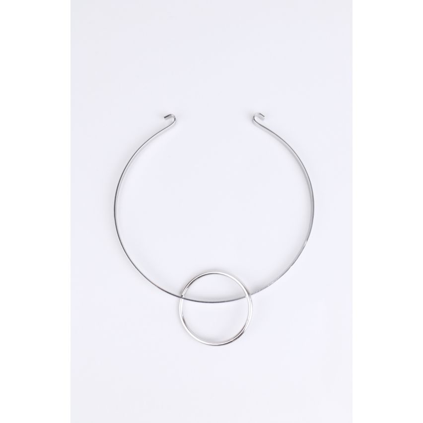 LMS Silver Metal Choker Necklace With Hoop Clasp