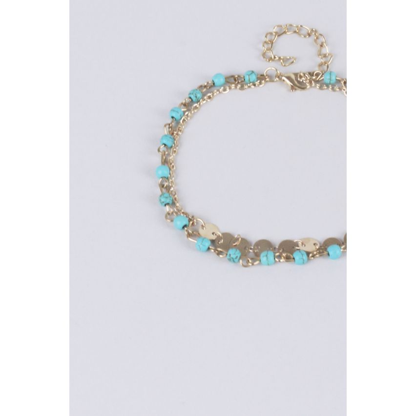 Lovemystyle Gold-Double-Layer-Fußkettchen mit türkisfarbenen Perlen