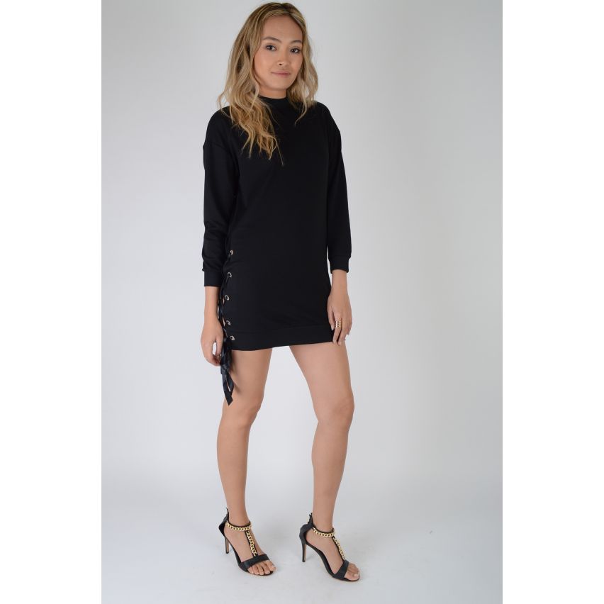 Lovemystyle Casual Black Jumper Dress With Lace Up Side - SAMPLE