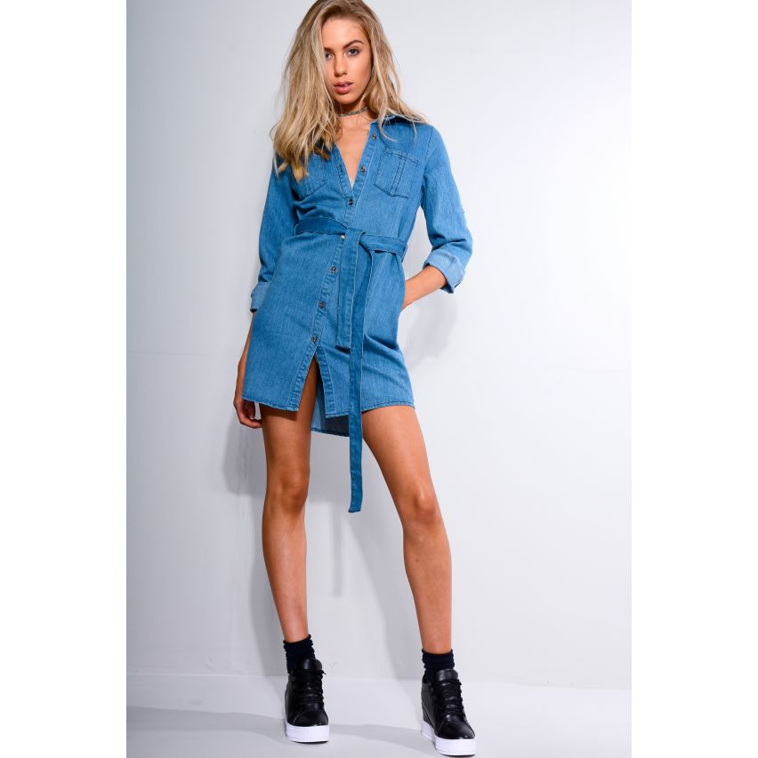 Lovemystyle Denim Shirt Dress With Tie Waist Band - SAMPLE