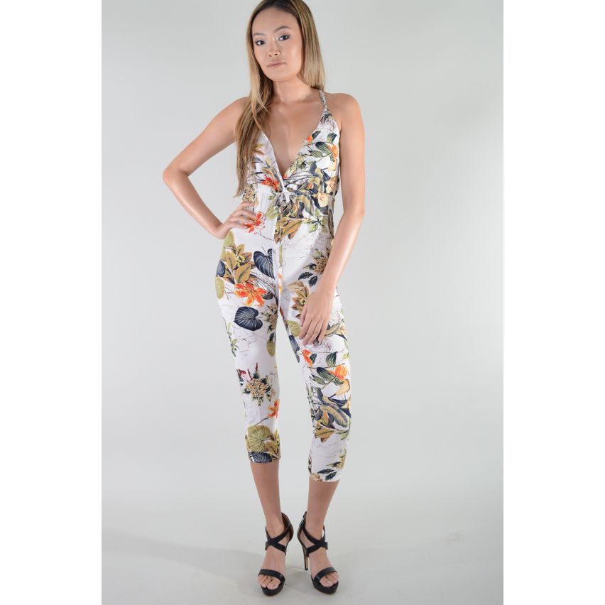 Lovemystyle Floral Crop Jumpsuit With Plunge Neck - SAMPLE