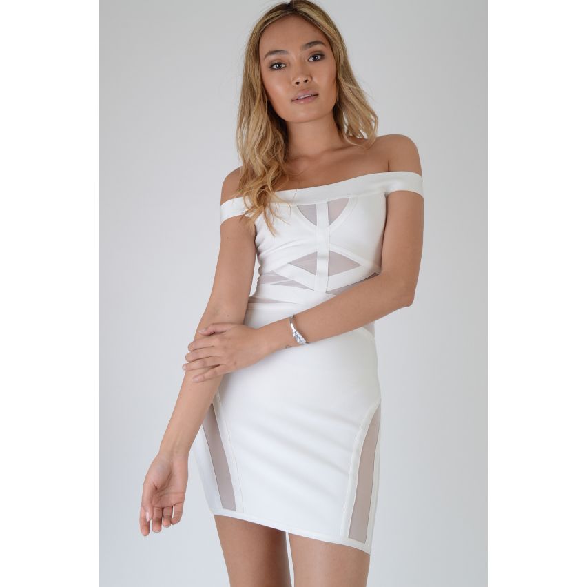 LMS vendaje Mini vestido con paneles de malla en color blanco