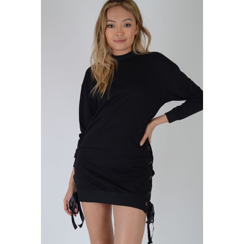 Lovemystyle Casual schwarzer Pullover Kleid mit Schnürung Seite - Probe