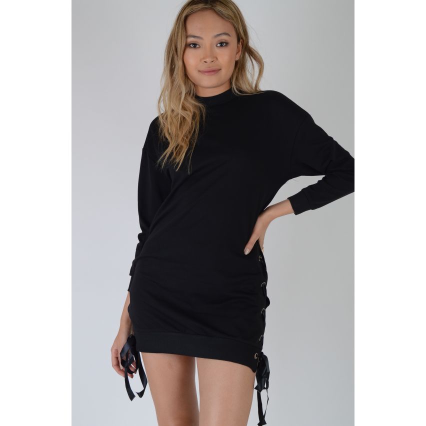 Lovemystyle Casual Black Jumper Dress With Lace Up Side - SAMPLE