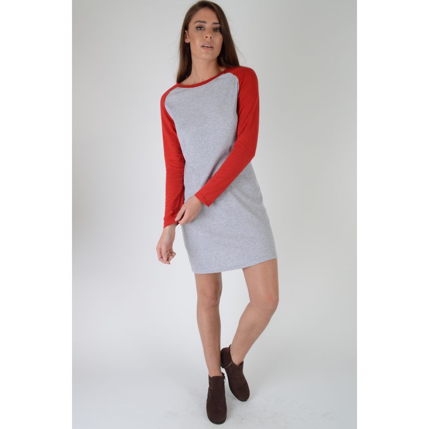 Lovemystyle Long Sleeved Grey T-Shirt Dress With Red Sleeves