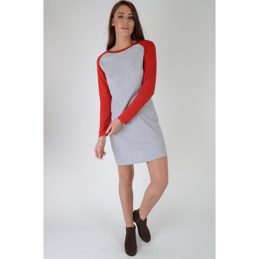 Lovemystyle Langarm grau t-Shirt-Kleid mit roten Ärmeln