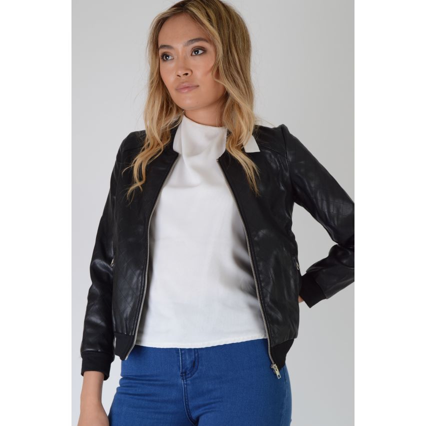 Lovemystyle Faux Leather Quilted Bomber Jacket - SAMPLE