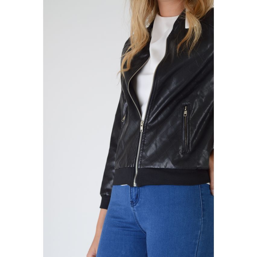 Lovemystyle Faux Leather Quilted Bomber Jacket - SAMPLE