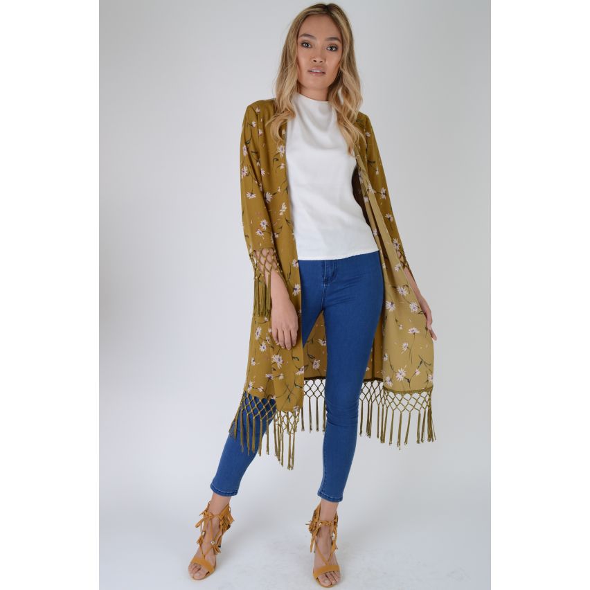 LMS moutarde jaune Kimono avec imprimé Floral avec ourlet Tassel