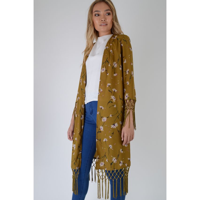 LMS Senf gelb Kimono mit Blumendruck mit Quaste Saum