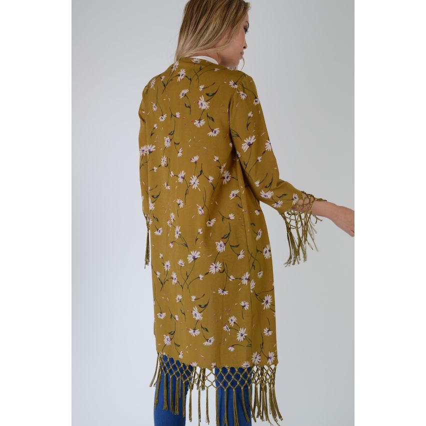 LMS Senf gelb Kimono mit Blumendruck mit Quaste Saum