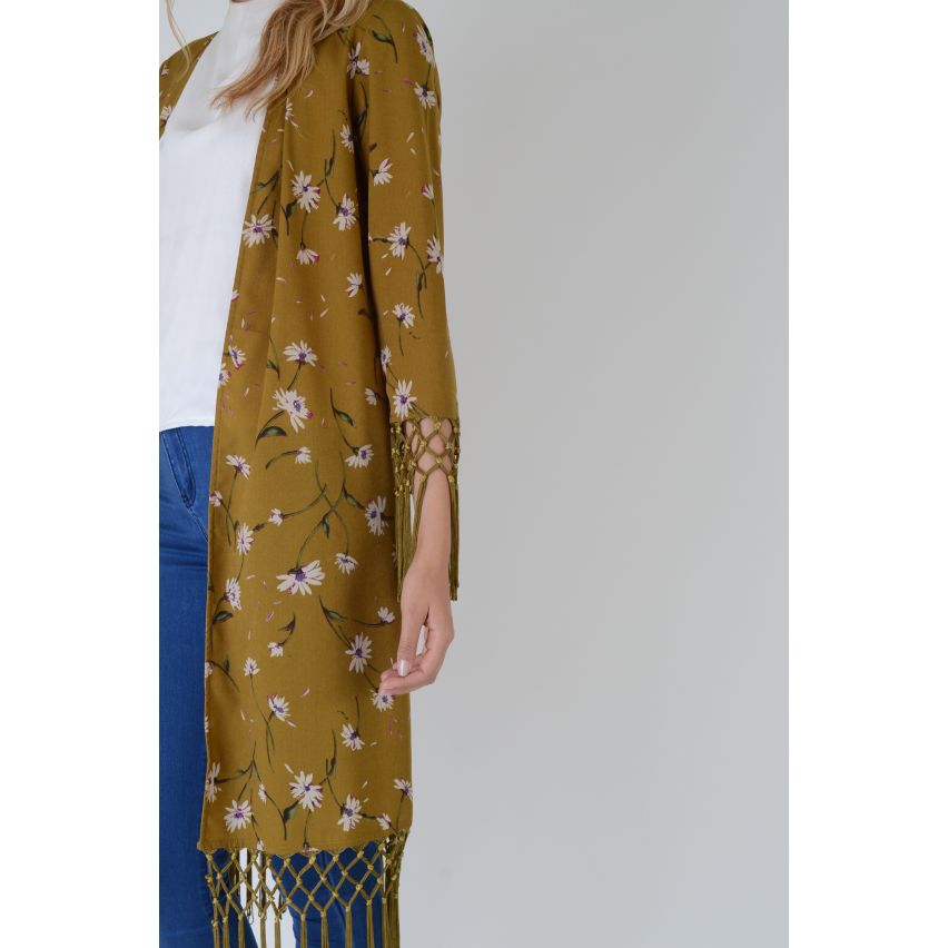 LMS Senf gelb Kimono mit Blumendruck mit Quaste Saum