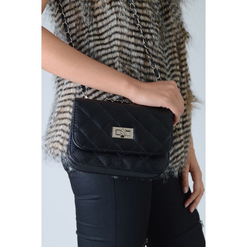 Lovemystyle Black Quilted Faux Leather Handbag With Silver Chain