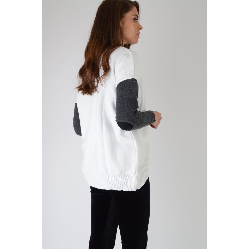 LMS Creme Cardigan mit kontrastierenden Ärmeln und Ausschnitt Ellbogen