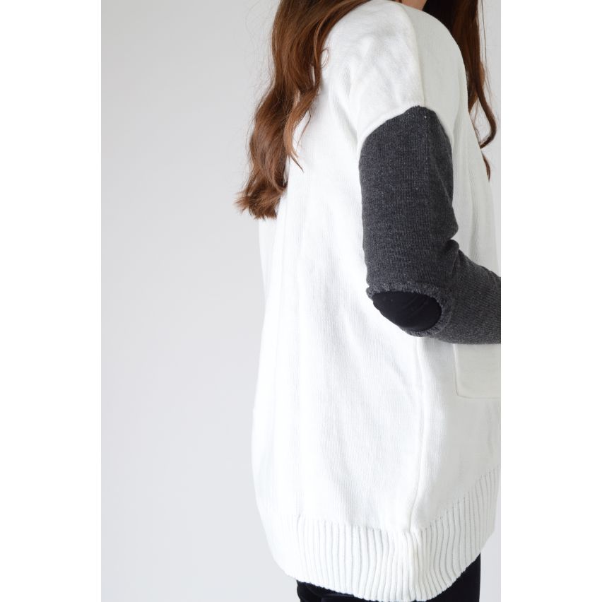 LMS Creme Cardigan mit kontrastierenden Ärmeln und Ausschnitt Ellbogen