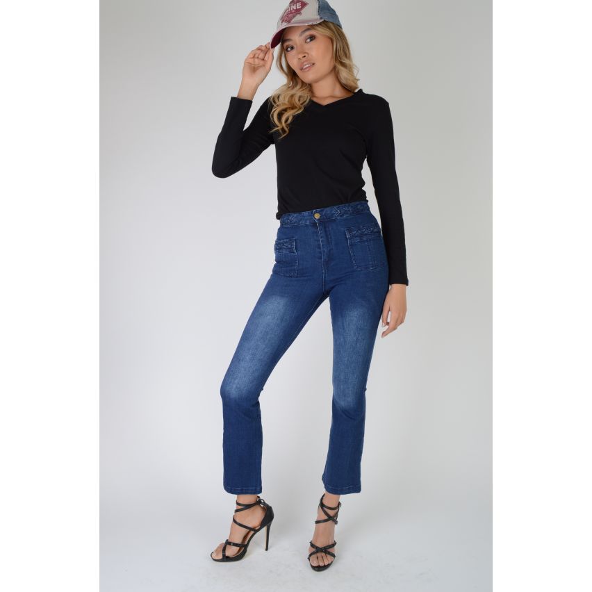 Lovemystyle Navy Blue High Waisted Flared Jeans With Plate Hem - SAMPLE