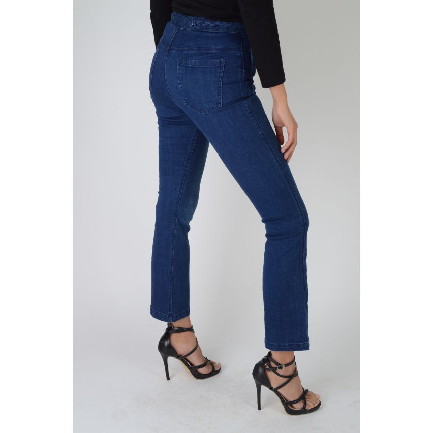 Lovemystyle Navy Blue High Waisted Flared Jeans With Plate Hem - SAMPLE