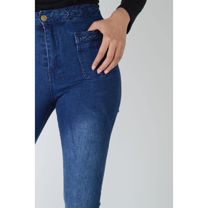 Lovemystyle Navy Blue High Waisted Flared Jeans With Plate Hem - SAMPLE