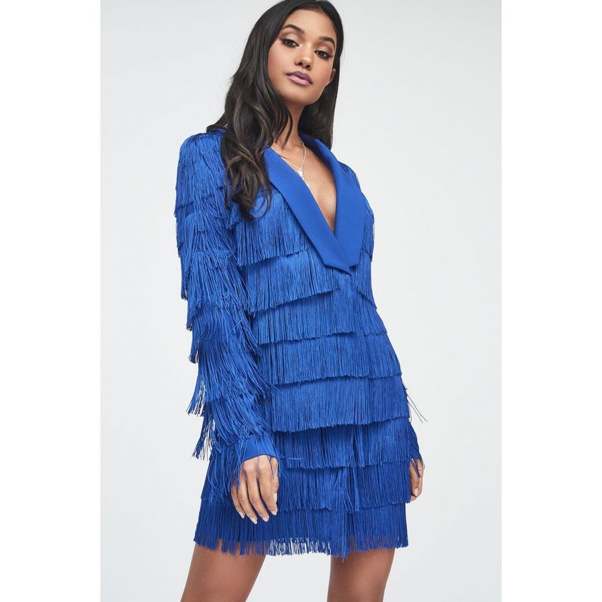 Alicia lujoso azul cobalto Fringe a medida chaqueta Vestido