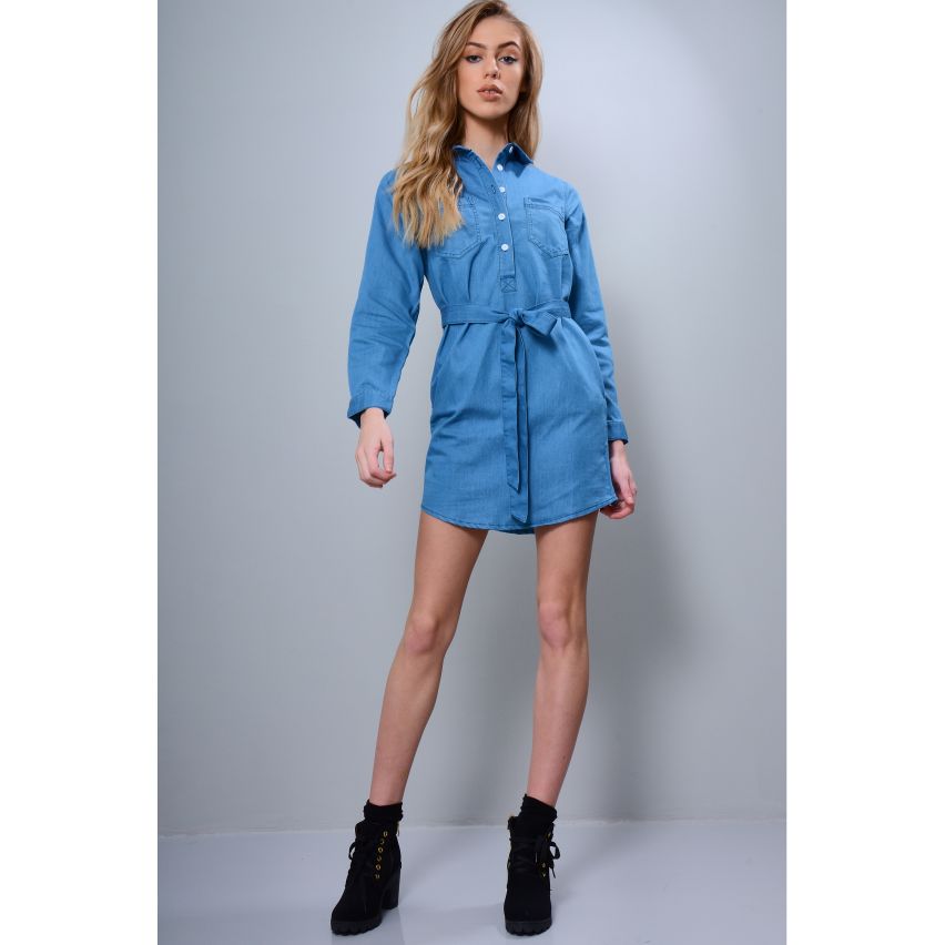 Lovemystyle Denim Shirt Dress With Tie Waist Band