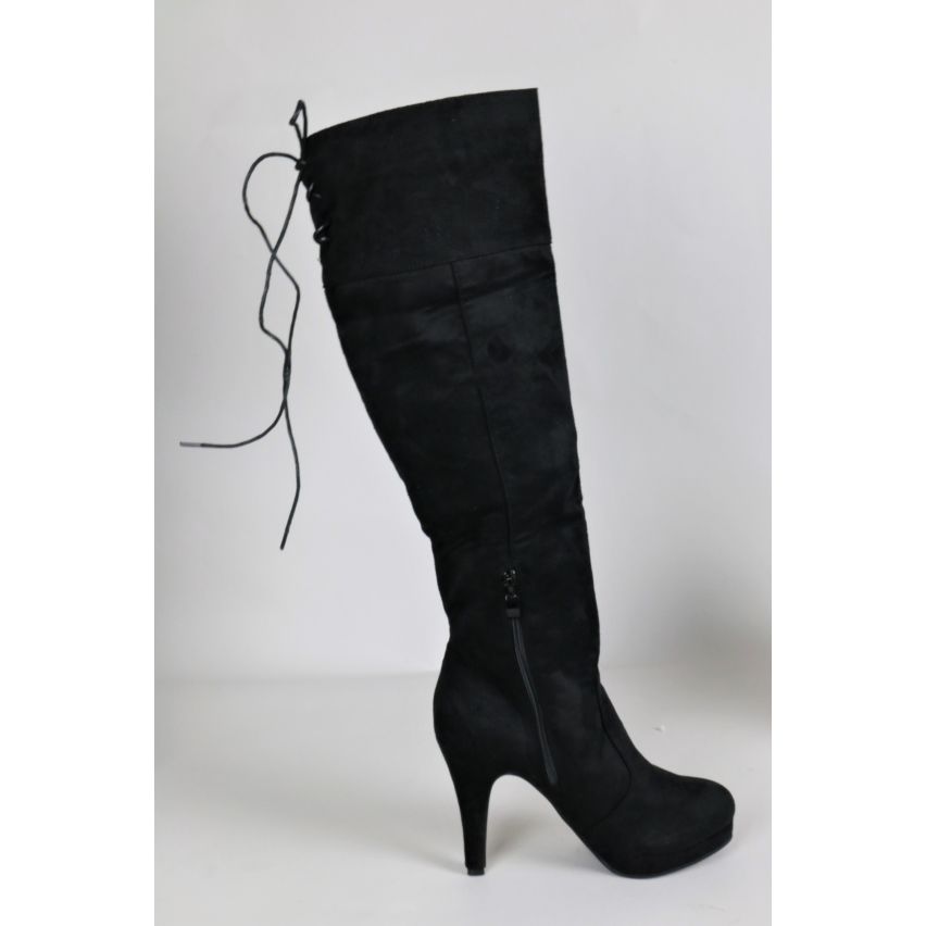 LMS Black Suede Platform Knee High Boot With Zip Detail