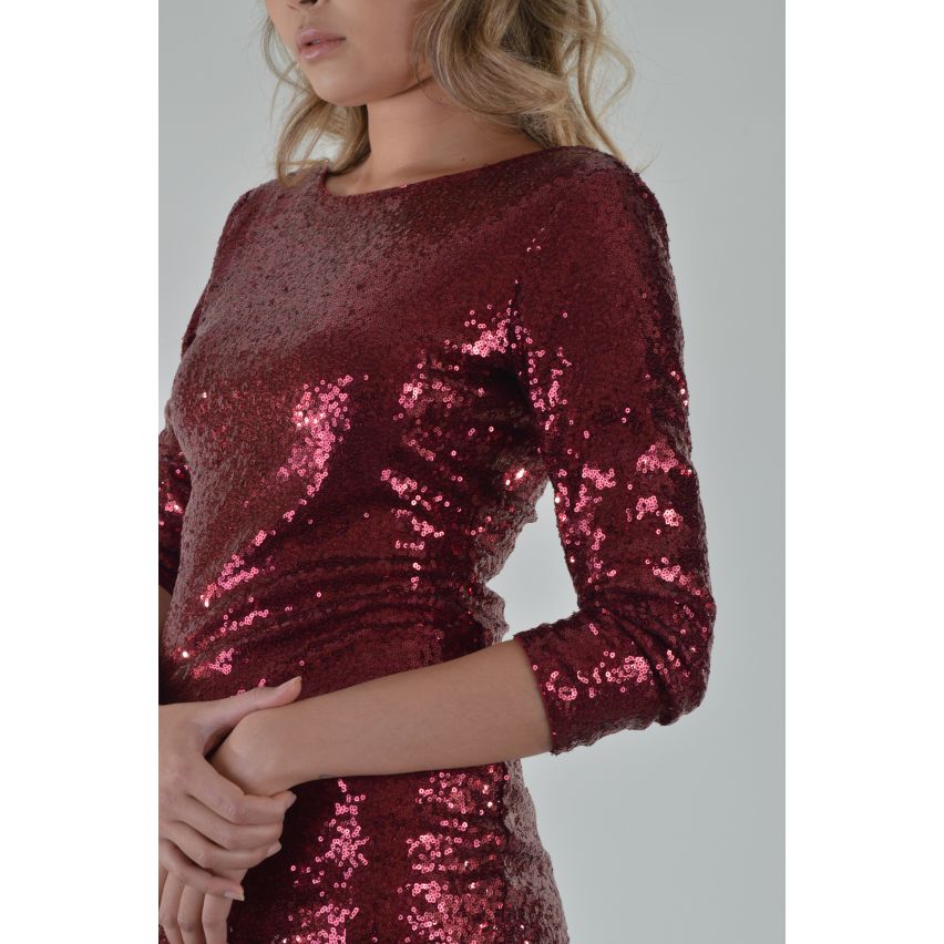 LMS Long Sleeve Red Sequin Dress With Plunge Back