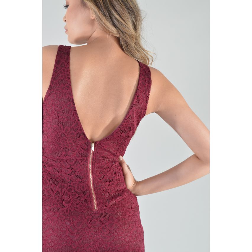LMS Sprung zurück Lace Maxi Abendkleid In kirschrot