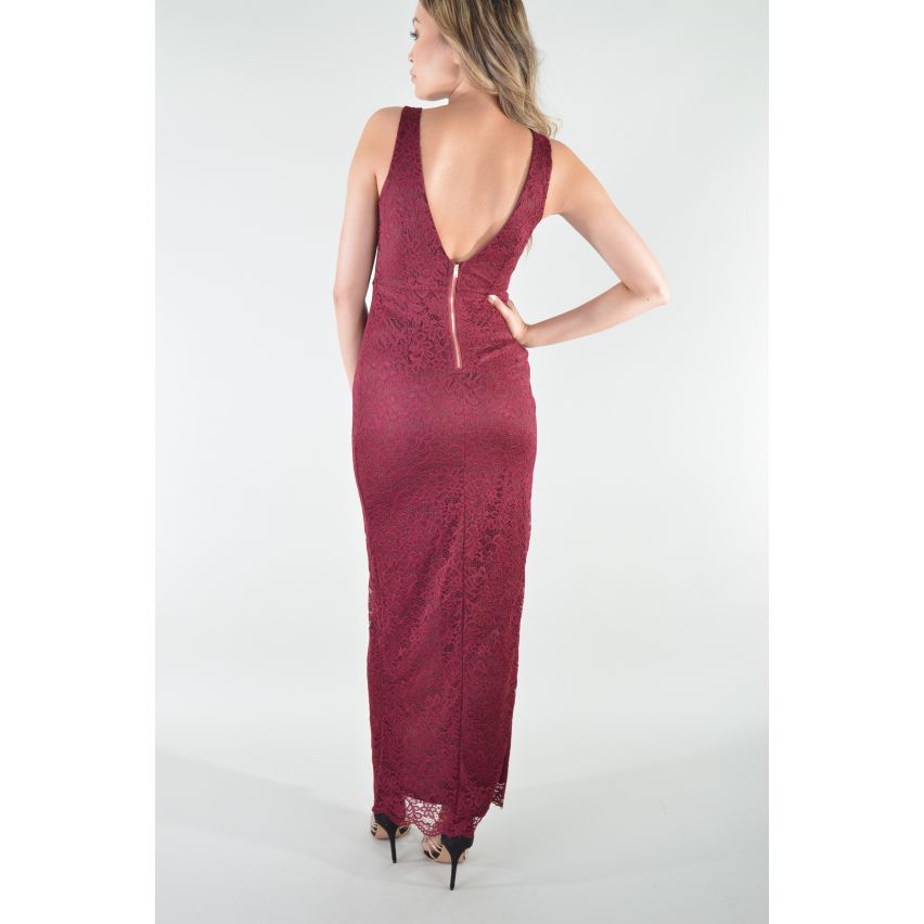 LMS Sprung zurück Lace Maxi Abendkleid In kirschrot