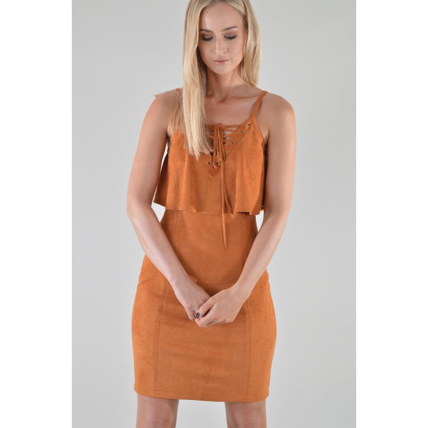 Lovemystyle Suede Dress With Lace-up Frill Top In Tan - SAMPLE