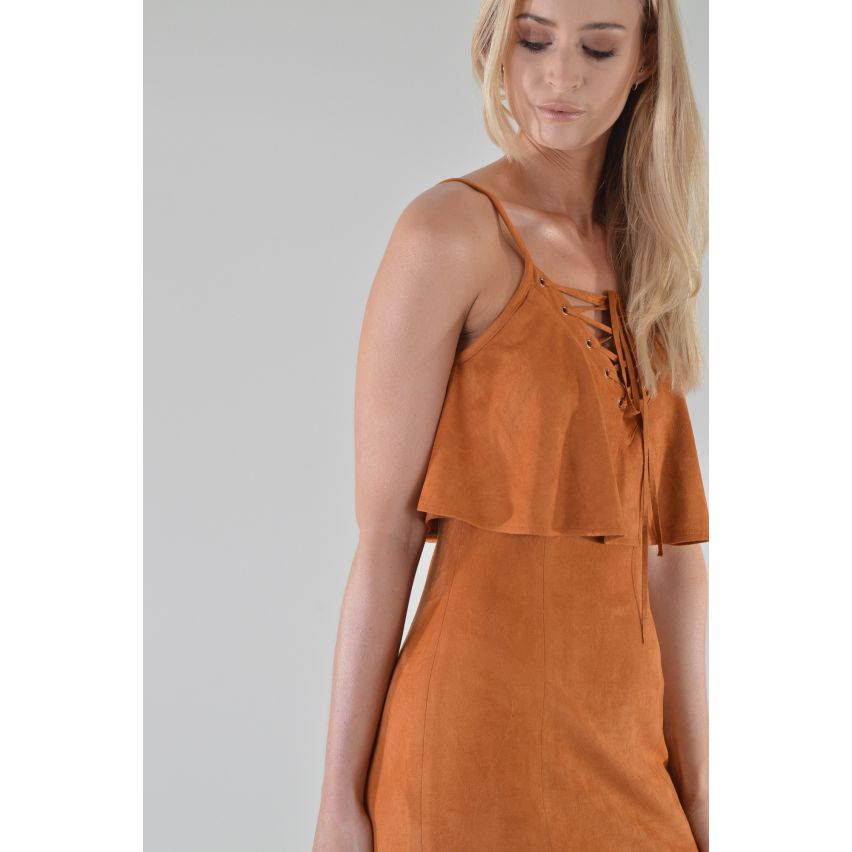 Lovemystyle Suede Dress With Lace-up Frill Top In Tan - SAMPLE