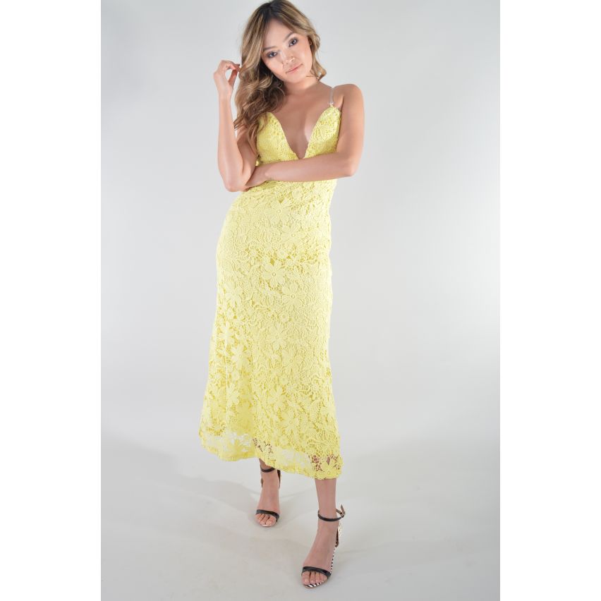 Lovemystyle Yellow Plunge Front Lace Evening Maxi Dress - SAMPLE