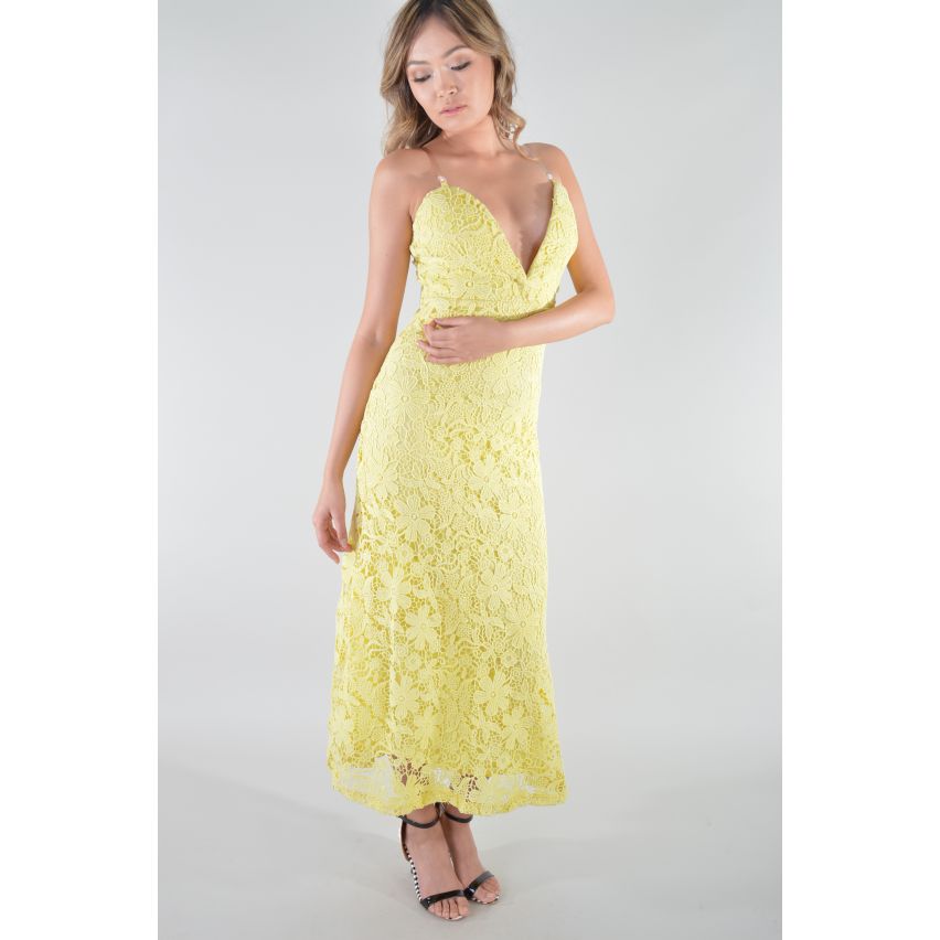 Lovemystyle Yellow Plunge Front Lace Evening Maxi Dress - SAMPLE