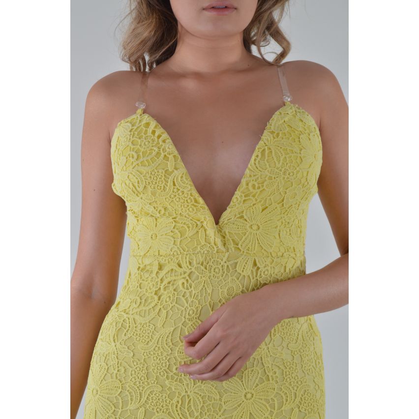 Lovemystyle Yellow Plunge Front Lace Evening Maxi Dress - SAMPLE