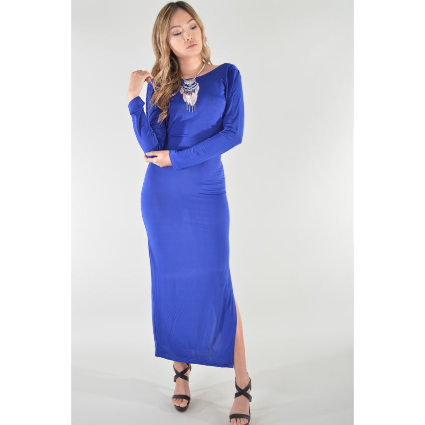 LMS Blue Backless Long Sleeve Slinky Maxi Dress With Split - SAMPLE