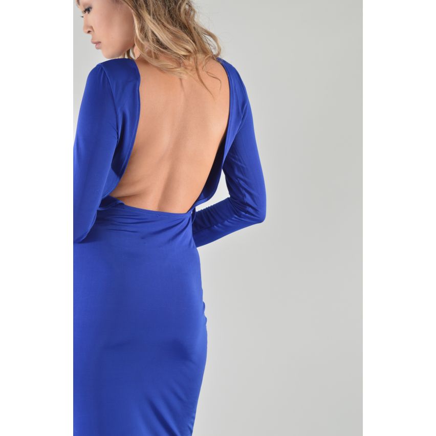 LMS Blue Backless Long Sleeve Slinky Maxi Dress With Split SAMPLE